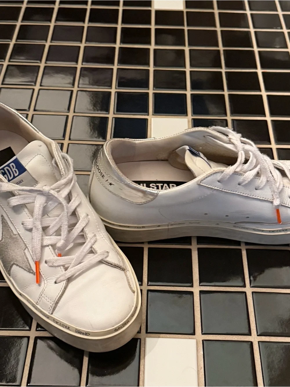 Golden Goose White Leather Sneakers with Gray Star and Orange Lace Tips